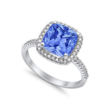 Halo Engagement Ring Accent Cushion Simulated Tanzanite CZ 925 Sterling Silver